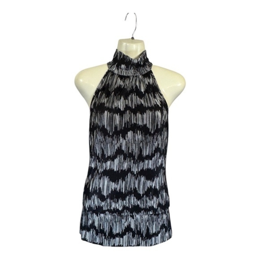 Le Chateau Sleevless Blouse Womens Size Small Mock Neck Classic Striped Black Wh